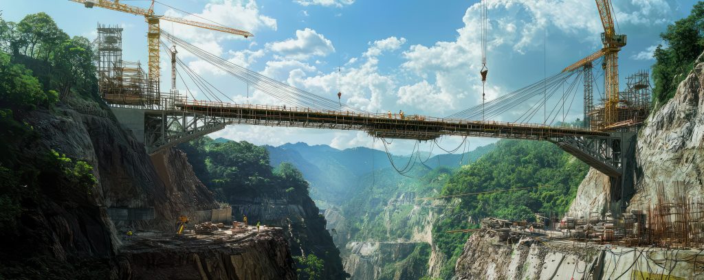 Image of a new bridge being constructed over a scenic gorge, focusing on the engineering marvels and environmental considerations